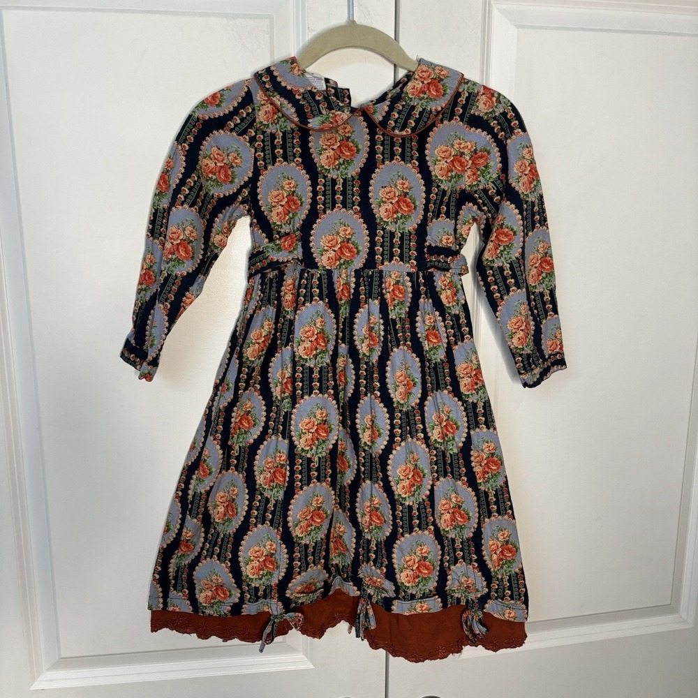 Vintage April Cornell Dress Girls 5/6 Flannel Floral Cottagecore 90s Peter Pan C